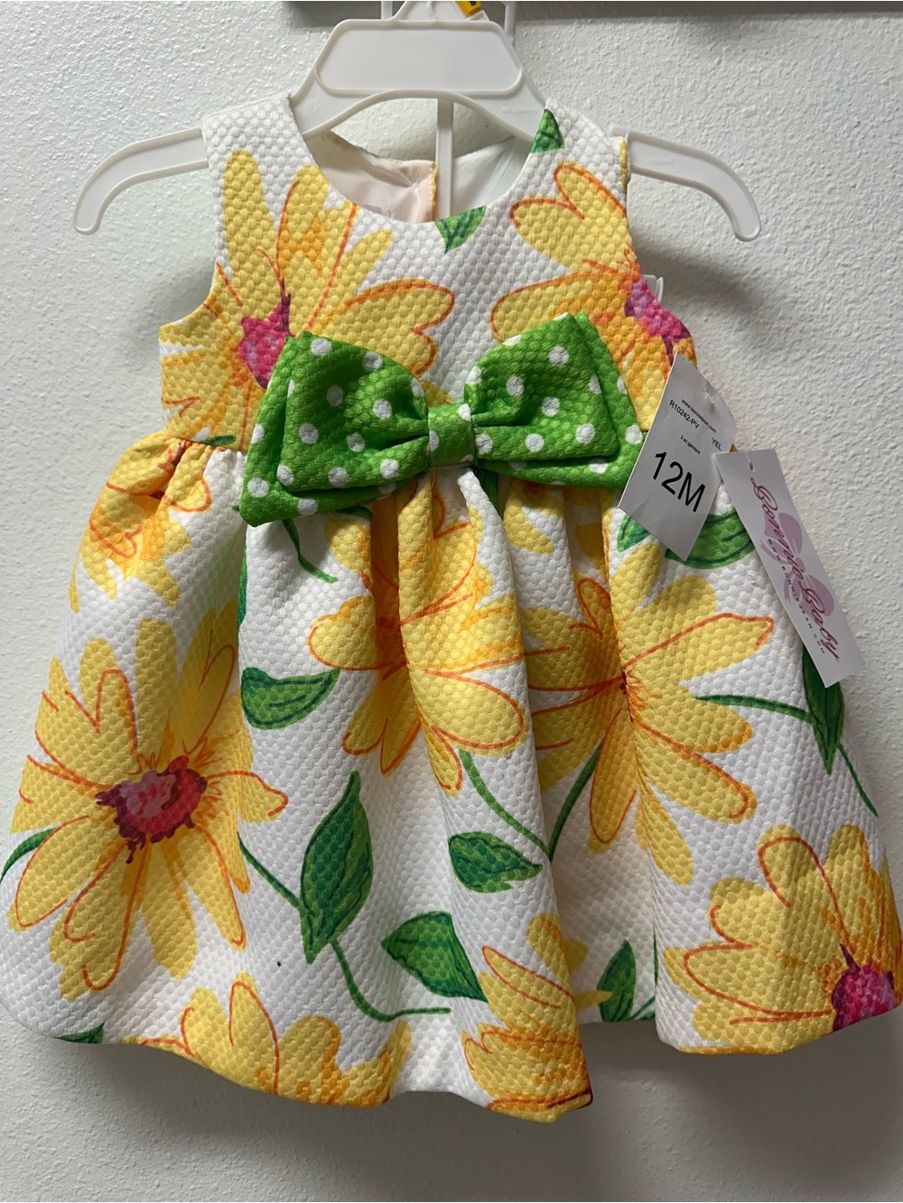 Bonnie Baby White Dress with Yellow Floral Print and Green Polka Dot Bow